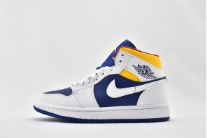Air Jordan 1 Mid Blue White Yellow 554724 131 Womens And Mens Shoes  