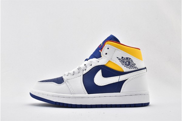 Air Jordan 1 Mid Blue White Yellow 554724 131 Womens And Mens Shoes